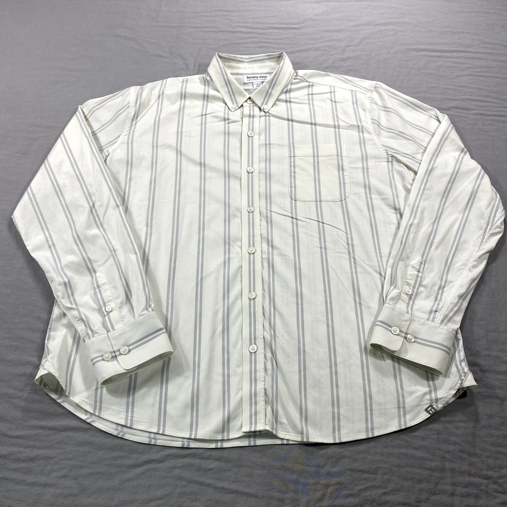 Tommy John Shirt Mens XL White Striped Button Up The Go Anywhere Un-Tucked